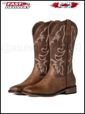 Women's Square Toe Mid Calf Western Cowboy Boots Embroidered Faux Leather